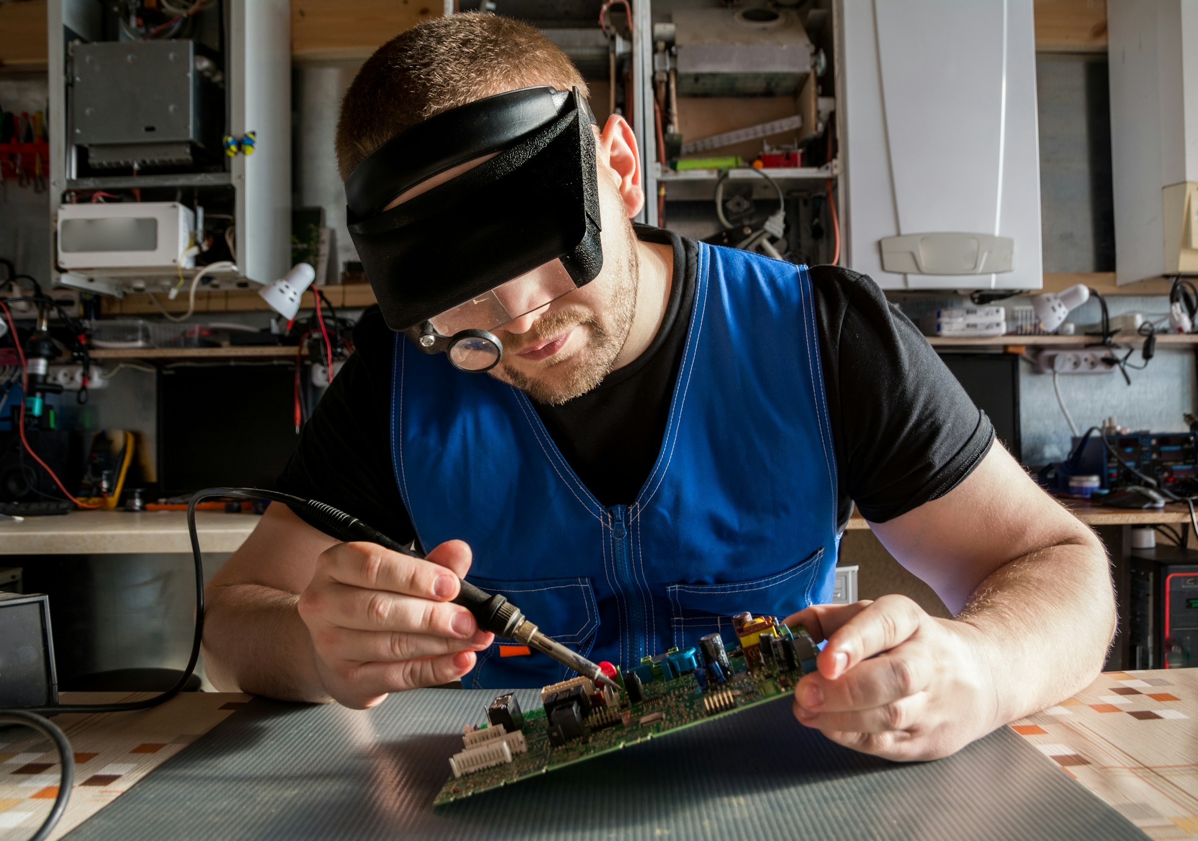 Service technician diagnosing and soldering an industrial circuit board